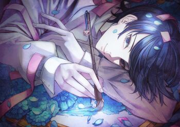 Rule 34 | 1boy, blue eyes, blue hair, charm (object), closed mouth, commentary, confetti, highres, holding, holding paintbrush, kitagawa yuusuke, long sleeves, looking at viewer, male focus, paintbrush, painting (object), parted bangs, persona, persona 5, petals, pitdoo, shirt, smile, solo, untranslatable commentary, upper body, white shirt