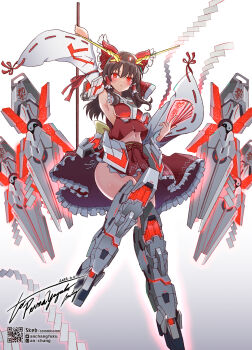 1girl :< an-chang arm_up armpits blush bow breasts brown_hair commentary_request commission cosplay dated detached_sleeves frilled_bow frilled_hair_tubes frilled_skirt frills full_body glowing glowing_eyes gohei groin gundam gundam_unicorn hair_bow hair_tubes hakurei_reimu highres holding holding_gohei knees_together_feet_apart long_hair mecha_musume medium_breasts midriff navel nt-d red_bow red_eyes red_skirt ribbon-trimmed_sleeves ribbon_trim sideboob signature skeb_commission skirt skirt_set sleeveless solo touhou unicorn_gundam unicorn_gundam_(cosplay) wide_sleeves