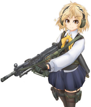 1girl 7.62x51mm_nato absurdres ammunition ammunition_belt ammunition_box battering_ram bipod black_gloves black_skirt black_thighhighs black_vest blonde_hair blue_skirt bow bowtie buttons closed_mouth collared_shirt cowboy_shot dress_shirt foregrip full-power_cartridge general_purpose_machine_gun gloves gpmg_cartridge gun gun_sling h&amp;k_hk21 handgun headset highres holding holding_gun holding_weapon holster holstered leg_holster long_sleeves looking_at_viewer machine_gun messy_hair mikeran_(mikelan) miniskirt original pistol pleated_skirt pouch revision rifle rifle_cartridge shadow shirt short_hair simple_background skirt smile solo sparkle standing thigh_holster thigh_pouch thigh_strap thighhighs vest weapon white_background white_shirt wing_collar yellow_bow yellow_bowtie yellow_eyes zipper