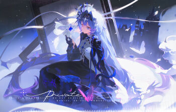 1girl absurdres broken_glass bug building bushi_feichai_qishi butterfly closed_mouth commission dress expressionless glass hair_between_eyes hair_intakes hair_ornament hairband highres insect long_hair long_sleeves looking_at_viewer mihuashi_commission night original outdoors picture_frame purple_dress purple_eyes purple_hair purple_ribbon ribbon sidelocks sky solo star_(sky) veil very_long_hair watermark white_veil