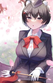 1girl :o absurdres animal_ear_fluff animal_ears arm_at_side black_hair black_hat black_jacket black_pantyhose black_skirt black_suit blue_archive blush bow bowtie breasts cherry_blossoms collared_shirt commentary_request cowboy_shot day dress_shirt extra_ears falling_petals formal_clothes garrison_cap gloves grey_eyes hair_between_eyes hat highres jacket large_breasts long_sleeves miniskirt oiru_(613) open_mouth outdoors pantyhose partial_commentary pencil_skirt petals raccoon_ears raccoon_girl red_bow red_bowtie shirt short_hair sitting skirt solo spring_(season) suit suit_jacket tsubaki_(blue_archive) tsubaki_(guide)_(blue_archive) white_gloves white_shirt