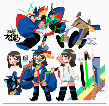 1girl absurdres blonde_hair bloomers blue_skirt blush_stickers boots car chest_sarashi chunggil_(djmax) djmax dot_nose drawing_sword eyeshadow fang flat_chest gat_(hat) glowing glowing_sword glowing_weapon gun hamma hat highres holding holding_gun holding_sword holding_weapon knee_boots korean_text laser_sight long_hair looking_at_viewer makeup mask motor_vehicle multicolor-tinted_eyewear multiple_views open_mouth pommel_charm red_eyeshadow reference_sheet round_eyewear sarashi scabbard sheath sideways_glance skirt smile sparkle sword tinted_eyewear trigger_discipline underwear weapon white_background wide_sleeves