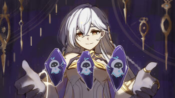 Rule 34 | 1girl, barbatos (genshin impact), bare shoulders, commentary, crossed bangs, crystal, floating, floating object, genshin impact, highres, istaroth (genshin impact), j zhen, light smile, long hair, purple hands, symbol-only commentary, upper body, white hair, yellow eyes