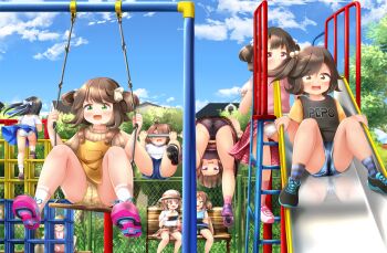 6+girls ahoge ass backpack bag bent_over black_hair black_panties black_shirt black_shoes black_shorts black_socks blue_panties blue_ribbon blue_shirt blue_shorts blue_skirt blush bow bow_panties bowtie brown_hair brown_shirt brown_shoes brown_skirt candy_print chain-link_fence cherry_print climbing closed_eyes clothes_writing cloud denim denim_shorts dress fence floral_print flower food_print fruit_print green_eyes hair_bobbles hair_flower hair_ornament hair_ribbon hair_rings handheld_game_console hat heart heart_print highres holding holding_handheld_game_console horizontal_bar house jungle_gym leaf_print loli multiple_girls nintendo nintendo_switch open_mouth original panties pink_bow pink_dress pink_eyes pink_shirt pink_shoes pink_socks plaid_clothes plaid_panties plaid_skirt plaid_socks playground playing_games polka_dot polka_dot_skirt ponytail print_panties print_socks purple_eyes purple_shoes red_skirt renati_(renatium) ribbon sand sandbox shirt shoes short_hair short_sleeves shorts side_ponytail sitting skirt sky sleeveless sleeveless_dress slide sliding smile sneakers socks squatting striped_clothes striped_panties striped_socks suspender_skirt suspenders swing swing_set tank_top teeth tree twintails underwear upshorts white_hat white_panties white_ribbon white_shirt white_socks wind wind_lift yellow_bow yellow_bowtie yellow_dress yellow_eyes yellow_panties