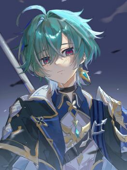 Rule 34 | 1boy, armor, binonng, black choker, black jacket, blue gem, blue hair, chest belt, choker, closed mouth, collared shirt, earrings, gem, genshin impact, hair between eyes, hashtag-only commentary, highres, jacket, jewelry, lapels, lohen (genshin impact), male focus, multicolored eyes, parted bangs, pauldrons, piercing, polearm, shirt, shoulder armor, single earring, single pauldron, solo, upper body, weapon, wing collar