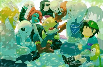 2others 3boys 3girls :d :i ;d ^_^ adjusting_eyewear alphys android animal anniversary annoying_dog arm_hair arm_rest arm_up asgore_dreemurr asymmetrical_bangs bare_arms bare_shoulders beard black_boots black_dress black_eyes black_hair black_jacket blonde_hair blue_jacket blue_pants blue_skin blue_sweater boots breasts brothers buck_teeth chara_(undertale) clenched_hand closed_eyes closed_mouth collared_shirt colored_skin colored_teeth commentary_request copyright_name cousins cup dappled_sunlight dog drawstring dress eating eyepatch eyeshadow facial_hair fang fewer_digits fins floral_print_shirt flower flowey_(undertale) food fork frisk_(undertale) full_body furry furry_female furry_male ghost glasses gloves goat_boy goat_girl green_sweater grey-framed_eyewear grey_shorts grin hair_behind_ear hair_over_one_eye head_fins heart high_ponytail highres holding holding_cup holding_fork holding_plate hood hooded_jacket horns jacket knee_boots knees_apart_feet_together long_sleeves looking_at_another looking_at_viewer makeup meatball mettaton mettaton_ex multiple_boys multiple_girls multiple_others napstablook official_alternate_costume one_eye_closed one_eye_covered open_clothes open_jacket open_mouth own_hands_together pants papyrus_(undertale) pasta pie pie_slice pink_shirt plate polka_dot polka_dot_dress ponytail puffy_long_sleeves puffy_sleeves purple_robe purple_sweater raised_eyebrow raised_inner_eyebrows red_boots red_eyeshadow red_gloves red_hair red_scarf reptile_girl robe round_eyewear sans_(undertale) scarf seiza sharp_teeth shirt short_hair shorts siblings simple_background sitting skeleton skin_fang sleeveless sleeveless_dress small_breasts small_horns smile spaghetti spaghetti_and_meatballs striped_clothes striped_sweater sunglasses sunlight sweat sweater teacup teeth tongue toriel tree two-tone_sweater u_u undertale undyne urooooooo_88 utdr_(toby_fox) white_background white_dog white_fur white_hood white_shirt wide_sleeves yellow_skin yellow_teeth