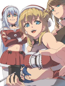 1boy 3girls agnes_claudel bare_shoulders black_bow black_bowtie blonde_hair blue_eyes blue_hair bow bowtie braid breast_smother breasts bun_with_braided_base chiharu_(9654784) choker christmas commentary_request crop_top crossed_bangs double-parted_bangs ear_piercing eiyuu_densetsu elaine_auclair face_to_breasts frilled_choker frills green_eyes grin hair_between_eyes hair_bun highres holding_nail_file kuro_no_kiseki_(series) large_breasts long_hair looking_at_another lying multiple_girls nail_file navel on_back open_mouth out_of_frame parted_lips piercing pleated_skirt santa_costume shizuna_rem_misurugi simple_background single_hair_bun single_side_bun skirt smile stomach sweatdrop teeth thighhighs traditional_bowtie van_arkride white_background white_hair white_thighhighs zettai_ryouiki