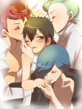 Rule 34 | 4boys, age difference, ash ketchum, blush, cat, chili (pokemon), cilan (pokemon), clothed on nude, cress (pokemon), group sex, kiss, licking, male focus, multiple boys, nekonekopunyann, nintendo, open clothes, open shirt, pokemon, pokemon (anime), shirt, topless male, yaoi