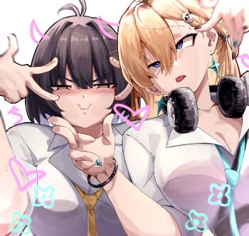 2girls absurdres aqua_nails aqua_necktie beruangputih80 blonde_hair blush bra_visible_through_clothes breasts cleavage commentary earrings face_against_glass female_rover_(wuthering_waves) fingernails hair_between_eyes hair_ornament half-closed_eyes headphones headphones_around_neck highres jewelry large_breasts looking_at_viewer lynae_(wuthering_waves) multiple_girls nail_polish necktie rolling_eyes rover_(wuthering_waves) shirt skull_hair_ornament star_(symbol) star_earrings upper_body v-shaped_eyebrows white_shirt wuthering_waves yellow_eyes yellow_necktie