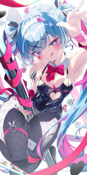 1girl :q absurdres aqua_eyes aqua_hair arm_up armpits blush bow bowtie breasts card cleavage clothing_cutout hairband hatsune_miku heart_cutout highres looking_at_viewer multicolored_hair pink_bow pink_bowtie pink_hair playboy_bunny playing_card pole rabbit_hole_(vocaloid) sho_me_1853 solo stripper_pole tongue tongue_out two-tone_hair vocaloid
