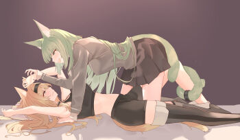 2girls absurdres animal_ear_fluff animal_ears arknights arms_up black_hairband black_shorts black_sports_bra black_thighhighs blush brown_shirt brown_skirt cat_ears cat_girl cat_tail commentary commentary_request commission crop_top embarrassed english_commentary eye_contact fingernails from_side girl_on_top green_eyes green_hair green_tail grey_eyes hairband half-closed_eyes harmonie_(arknights) highres horn_(arknights) infection_monitor_(arknights) light_particles long_hair long_sleeves looking_at_another lying mixed-language_commentary multiple_girls on_back open_mouth orange_hair orange_tail paid_reward_available pleated_skirt profile shirt short_shorts shorts skeb_commission skirt sports_bra suzubotan tail tail_around_another&#039;s_leg tail_wrap thighhighs wolf_ears wolf_girl wolf_tail yuri