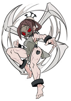 Rule 34 | 1girl, barefoot, brown hair, cuffs, cxdotchison, frown, full body, mask, nail (hardware), outstretched arms, painwheel (skullgirls), red eyes, shackles, skullgirls, solo, veins, white background