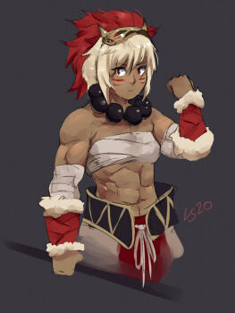 1girl absurdres bare_shoulders beads biceps black_background breasts chest_sarashi commentary dark-skinned_female dark_skin fire_emblem fire_emblem_fates hand_up highres kaphrin mask mask_on_head muscular muscular_female nintendo prayer_beads red_eyes rinkah_(fire_emblem) sarashi small_breasts solo stomach white_hair