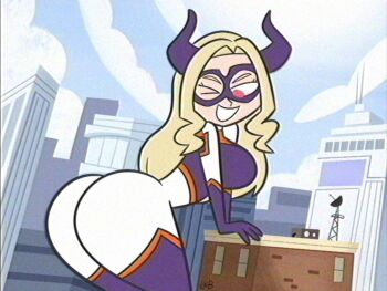 Rule 34 | 1girl, ass, ass focus, blonde hair, blue horns, bodysuit, boku no hero academia, breasts, building, city, from behind, horns, large breasts, lolwutburger, long hair, mask, mount lady, one eye closed, outdoors, pink eyes, signature, smile, teeth, toon (style), vhs artifacts