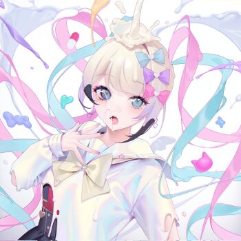 1girl ame-chan_(needy_girl_overdose) black_hair blue_eyes blue_hair candy chouzetsusaikawa_tenshi-chan commentary_request corrupted_twitter_file dual_persona food highres jewelry liquid multicolored_hair multicolored_nails needy_girl_overdose official_art ohisashiburi open_mouth pink_hair quad_tails ring school_uniform second-party_source serafuku shirt solo surreal upper_body white_hair white_shirt