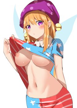 1girl american_flag american_flag_pants american_flag_print american_flag_shirt arm_behind_back blonde_hair blush breasts closed_mouth clothes_lift clownpiece commentary_request cowboy_shot fairy_wings flag_print fujiko_(emnprmn) hand_up hat highres jester_cap large_breasts lifting_own_clothes long_hair looking_at_viewer medium_breasts midriff navel nipples no_bra polka_dot_headwear print_pants print_shirt purple_eyes self_exposure shirt shirt_lift solo standing staring touhou very_long_hair wings