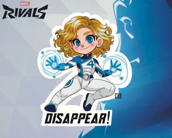 1girl belt blonde_hair blue_belt blue_eyes blush chibi chibi_only closed_mouth commentary copyright_logo copyright_name english_commentary english_text eyelashes fantastic_four full_body heart jdofasgard logo marvel marvel_rivals medium_hair merchandise_available outline smile solo sue_storm superhero_costume white_outline