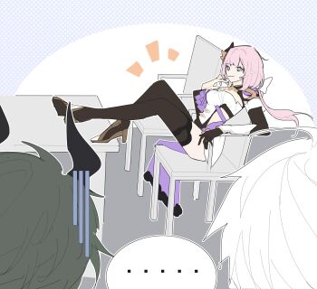 ... 1girl 2boys absurdres black_boots black_horns blue_eyes boots breasts cape chair chinese_commentary commentary_request corset elysia_(honkai_impact) elysia_(miss_pink_elf)_(honkai_impact) feet_on_table green_hair hair_ornament highres honkai_(series) honkai_impact_3rd horns indoors kevin_kaslana kosma large_breasts long_hair looking_at_another multiple_boys on_chair pink_hair sitting situnainaisheng smile spoken_ellipsis table thigh_boots white_corset white_hair
