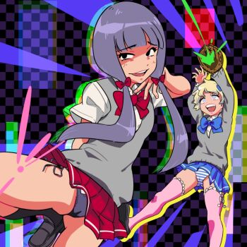 Rule 34 | 2girls, baseball, baseball glove, black hair, blonde hair, blue bow, blue bowtie, blue skirt, bow, bowtie, checkered background, hair bow, hasebe kazumi, kneehighs, kunio-kun series, loafers, long hair, low twintails, m o (prftz), miniskirt, multiple girls, open mouth, panties, pantyshot, pink thighhighs, pleated skirt, red bow, red bowtie, red skirt, river city girls, school uniform, shimada mami, shoes, short hair, side-tie panties, skirt, smug, socks, striped clothes, striped panties, thighhighs, twintails, underwear