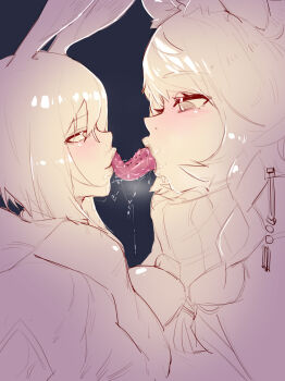 2girls absurdres amiya_(arknights) animal_ears arknights barbed_tongue blush braid drooling eye_contact french_kiss half-closed_eyes highres hitobashira_(1746164306) kiss licking licking_another's_face limited_palette lips long_hair long_tongue looking_at_another multiple_girls pramanix_(arknights) rabbit_ears rabbit_girl saliva short_hair size_difference sketch snow_leopard_ears snow_leopard_girl tongue tongue_out turtleneck yuri