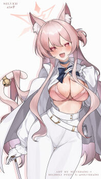1girl :d absurdres akira_(blue_archive) animal_ear_fluff animal_ears artist_name belt black_choker black_ribbon blue_archive blush bra breasts bright_pupils cane cape cat_ears cat_girl cat_tail choker cleavage collared_shirt commentary_request drop_shadow gloves hair_between_eyes halo hand_up highres holding holding_cane jacket large_breasts long_hair looking_at_viewer open_clothes open_jacket open_mouth open_shirt pants pink_bra pink_hair pink_halo puffy_sleeves red_eyes ribbon saliva shirt silver4581 simple_background smile solo standing tail tail_raised teeth thigh_gap twitter_username underwear upper_teeth_only white_background white_belt white_cape white_gloves white_pants white_pupils