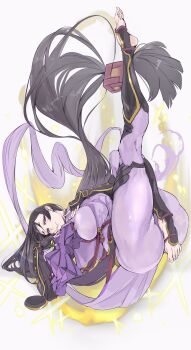 1girl absurdres arm_guards armor black_gloves bodysuit breast_curtain breasts commentary_request ebichannoshippo fate/grand_order fate_(series) feet fingerless_gloves gloves highres japanese_armor kote large_breasts legs loincloth long_hair looking_at_viewer low-tied_long_hair minamoto_no_raikou_(fate) minamoto_no_raikou_(first_ascension)_(fate) no_shoes parted_bangs purple_bodysuit purple_eyes purple_hair ribbed_sleeves smile soles solo suneate tabard toes very_long_hair weapon