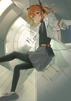 1girl absurdres adachi_rei belt belt_pouch black_pantyhose black_shirt commentary grey_shorts highres jacket long_sleeves looking_at_viewer medium_hair open_clothes open_jacket orange_belt orange_eyes orange_hair pantyhose pleated_shorts popomine_(popo3ne) pouch shirt shorts solo spacecraft_interior utau white_jacket zero_gravity