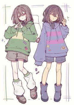 2others black_shirt blue_boots blue_hoodie boots brown_hair candy chara_(undertale) closed_eyes collared_shirt commentary_request digital_media_player double_horizontal_stripe earphones food frisk_(undertale) green_hoodie heart highres hood hoodie leg_warmers medium_hair multiple_others okura_0915 other_focus puckered_lips shirt single_horizontal_stripe steepled_fingers sticker striped_clothes striped_hoodie undertale utdr_(toby_fox) white_leg_warmers