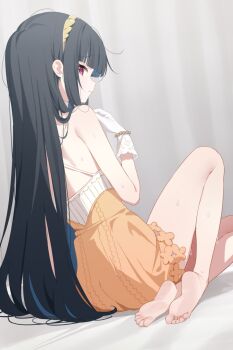 1girl bare_shoulders barefoot black_hair blue_hair blush colored_inner_hair deyui dress from_behind gloves hairband hand_up highres indoors knee_up lace lace-trimmed_gloves lace_trim long_hair lvery_long_hair multicolored_hair multiple_girls nazuka_(stella_sora) orange_dress parted_lips red_eyes short_dress sitting sleeveless sleeveless_dress solo stella_sora sweat two-tone_dress two-tone_hair white_gloves