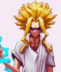 Rule 34 | 1boy, absurdres, all might, black sclera, blonde hair, blue eyes, boku no hero academia, closed mouth, colored sclera, frown, furrowed brow, hair slicked back, highres, long hair, looking at viewer, male focus, parted bangs, shirt, short sleeves, skaggshood, solo, upper body, white background, white shirt