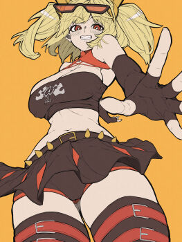 Rule 34 | 1girl, absurdres, bare shoulders, belt, black-framed eyewear, black belt, black gloves, black skirt, black tube top, blonde hair, blush, boyshort panties, breasts, bright pupils, burnice white, cleavage, commentary request, cowboy shot, crop top, elbow gloves, eyewear on head, fingerless gloves, floating hair, from below, gloves, gluteal fold, grin, highres, large breasts, long hair, looking at viewer, microskirt, midriff, navel, no jacket, open hand, orange background, outstretched arms, red-tinted eyewear, red eyes, red skirt, simple background, skirt, smile, solo, spiked belt, spikes, spread arms, spread fingers, stomach, strapless, sunglasses, thigh belt, thigh strap, thighhighs, tinted eyewear, tube top, twintails, twisted torso, two-tone skirt, upskirt, white pupils, yukige subaru, zenless zone zero