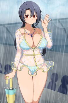 1girl absurdres bikini bikini_under_clothes black_hair blue_bikini blush breasts cleavage closed_mouth closed_umbrella commentary_request commission crowd day front-tie_bikini_top front-tie_top gluteal_fold hand_up highres holding holding_umbrella idolmaster idolmaster_million_live! jewelry large_breasts long_hair long_sleeves looking_at_viewer low_twintails milliani navel necklace outdoors pixiv_commission rain raincoat red_eyes ribbon see-through_clothes see-through_raincoat silhouette solo_focus swimsuit takayama_sayoko thigh_gap twintails umbrella wet yellow_ribbon