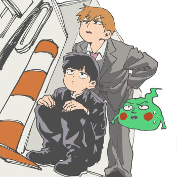 Rule 34 | 2boys, blush stickers, bowl cut, commentary, ekubo (mob psycho 100), expressionless, formal clothes, gakuran, ghost, grey jacket, grey pants, grey suit, haneu, highres, jacket, jitome, kageyama shigeo, leaning forward, looking ahead, male focus, mob psycho 100, multiple boys, necktie, pants, parted lips, pink necktie, reigen arataka, salt middle school uniform, school uniform, spirit, squatting, squinting, suit, sweat, traffic cone