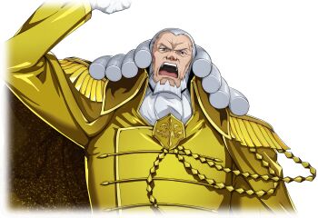 1boy arm_at_side arm_up ascot beard cape charles_zi_britannia clenched_hand code_geass code_geass:_lost_stories cropped_torso epaulettes f4samurai facial_hair forehead full_beard furrowed_brow game_cg gloves gold_cape gold_jacket grey_hair highres jacket long_hair looking_at_viewer male_focus military_uniform official_art old old_man open_mouth purple_eyes shouting simple_background solo standing teeth tongue transparent_background upper_body v-shaped_eyebrows white_ascot white_gloves