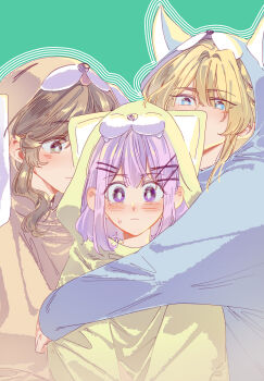 Rule 34 | 3girls, amaori renako, animal costume, blonde hair, blue eyes, blush, brown eyes, brown hair, closed mouth, commentary, dog costume, green background, highres, hug, hug from behind, long hair, medium hair, mou liang, multiple girls, onesie, ouzuka mai, pink hair, purple eyes, sena ajisai, sweat, watashi ga koibito ni nareru wake naijan murimuri!