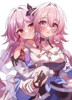 2girls blush bra_strap breasts choker commentary dual_persona earrings evernight_(honkai:_star_rail) flower gloves hair_between_eyes hair_intakes highres honkai:_star_rail honkai_(series) hug hug_from_behind jacket jewelry long_hair march_7th_(honkai:_star_rail) march_7th_(preservation)_(honkai:_star_rail) multicolored_eyes multiple_girls off_shoulder overskirt parted_lips pink_hair puffy_sleeves red_eyes rumi_(xafv5772) shirt single_bare_shoulder single_earring skirt smile two-tone_eyes very_long_hair yuri