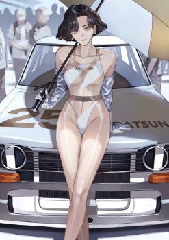 1girl arm_support bare_legs bare_shoulders black_eyes black_hair blush bob_cut breasts car chigasaki_yoko closed_mouth clothes_writing collarbone crossed_legs crowd curtained_hair datsun datsun_510 earrings elbow_gloves gloves groin head_tilt highleg highleg_leotard highres holding holding_umbrella jewelry kaoming leaning_on_object leotard long_legs looking_at_viewer medium_breasts motor_vehicle multicolored_leotard multiple_boys nose_blush on_car original pale_skin pink_lips print_leotard race_queen race_vehicle see-through_clothes see-through_leotard shade shiny_skin short_hair skin_tight sleeveless smile tight_clothes umbrella wavy_hair white_gloves white_leotard