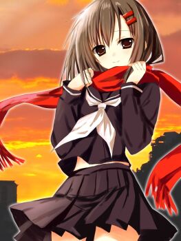 1girl black_hair black_serafuku black_skirt brown_eyes closed_mouth enpera hair_between_eyes hair_ornament hairclip hashtag-only_commentary highres kagerou_project long_hair long_sleeves looking_at_viewer midriff_peek naivefatei_(nemui) neckerchief orange_sky pleated_skirt red_scarf scarf school_uniform serafuku shirt skirt sky smile solo sunset tateyama_ayano white_neckerchief