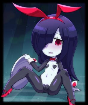1girl ameonna_(youkai_watch) animal_ears black_border black_hiphighs black_shrug blush border bow bowtie commentary_request fake_animal_ears flat_chest frontless_outfit gloves hair_over_one_eye hairband heart_maebari heart_pasties hiphighs long_hair maebari navel nollety open_mouth outside_border pasties purple_hair rabbit_ears red_bow red_bowtie red_eyes red_shoes reverse_bunnysuit reverse_outfit shoes shrug_(clothing) solo spread_legs tears white_gloves wrist_cuffs youkai_(youkai_watch) youkai_watch youkai_watch_2
