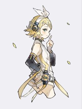 1girl akoto_(akoto0228) bare_shoulders black_sleeves blonde_hair blue_eyes blush breasts cowboy_shot cropped_legs detached_sleeves falling_petals hair_ornament hairband hairclip hand_on_own_hip headphones kagamine_rin kagamine_rin_(append) light_smile petals shirt short_hair shorts sleeveless sleeveless_shirt small_breasts solo swept_bangs vocaloid vocaloid_append white_hairband white_shirt white_shorts