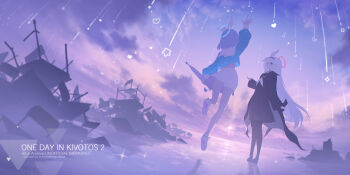 2girls arona_(blue_archive) back_peek black_cape black_pantyhose black_shirt blue_archive blue_hair blue_shirt bow cape chair cloud commentary_request desk english_text facing_away hair_bow halo heart hennnachoco highres holding holding_umbrella jumping long_hair long_sleeves looking_at_another multiple_girls neckerchief pantyhose plana_(blue_archive) purple_sky shirt shoes short_hair sky star_(symbol) umbrella very_long_hair white_bow white_hair white_neckerchief white_shoes