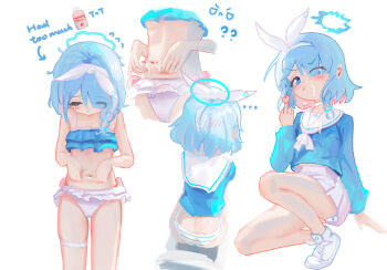 1girl absurdres arona_(blue_archive) bikini blue_archive blue_eyes blue_hair blue_panties blush breasts cameltoe censored colored_inner_hair frilled_bikini frills from_above halo heart heart_censor highres hsch legs loli lotion lotion_bottle medium_hair middle_finger multicolored_hair multiple_views navel one_eye_closed panties pink_hair pleated_skirt shoes skirt small_breasts sneakers stomach striped_clothes striped_panties swimsuit thigh_strap toilet underwear white_panties white_shoes white_skirt