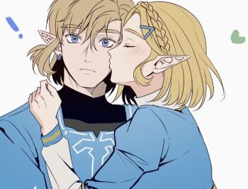 Rule 34 | !, 1boy, 1girl, black shirt, blonde hair, blue eyes, blue shirt, blue tunic, braid, closed eyes, closed mouth, commentary request, couple, crown braid, earrings, hair between eyes, hetero, jewelry, juliet sleeves, kiss, kissing cheek, korean commentary, light blush, link, long sleeves, nintendo, parted bangs, pointy ears, princess zelda, puffy sleeves, roggu o o, shirt, short hair, sidelocks, the legend of zelda, the legend of zelda: breath of the wild, the legend of zelda: tears of the kingdom, tunic, turtleneck, upper body, white background