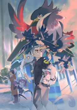 1girl 2boys alolan_form alolan_meowth alolan_persian anabel_(pokemon) belt black_belt black_gloves black_jacket black_pants blurry brown_coat building cat_teaser closed_mouth coat e_volution formal_clothes gen_2_pokemon gen_4_pokemon gen_7_pokemon gloves grey_hair highres honchkrow jacket looker_(pokemon) looking_back multiple_boys murkrow nanu_(pokemon) nintendo outdoors pants pokemon pokemon_on_back pokemon_sm red_eyes short_hair short_sleeves squatting suit watermark z-ring