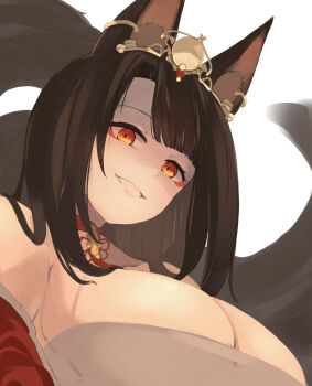 1girl akagi_(azur_lane) akagi_(dawn_phoenix's_summons)_(azur_lane) animal_ears azur_lane bare_shoulders breasts brown_hair cleavage eyeshadow fox_ears fox_girl fox_tail from_below grin highres kitsune large_breasts long_hair looking_at_viewer looking_down makeup multiple_tails orange_eyes orange_eyeshadow shaded_face shika_(shika0) slit_pupils smile solo tail upper_body very_long_hair