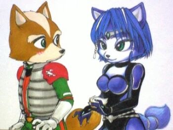 1boy 1girl animal_ears blue_fur blue_hair blush fox fox_ears fox_girl fox_mccloud fox_tail furry furry_female green_eyes krystal looking_at_another looking_back nintendo orange_fur petting star_fox tail