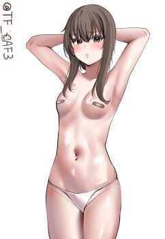 1girl absurdres armpits arms_behind_head bandaid bandaids_on_nipples bikini bikini_bottom_only black_eyes blush breasts brown_hair collarbone cowboy_shot crossed_bangs hair_between_eyes hashtag-only_commentary highres kantai_collection long_sidelocks looking_at_viewer navel one-hour_drawing_challenge parted_lips pasties short_hair_with_long_locks sidelocks simple_background skindentation small_breasts solo standing stomach sweat swimsuit taihou_(kancolle) tf_cafe white_background white_bikini