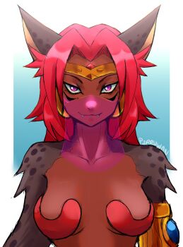 1girl absurdres animal_ears armlet artist_name bastemon breasts cat_ears cat_girl collarbone dark-skinned_female dark_skin digimon digimon_(creature) earrings fangs highres jewelry looking_at_viewer mouth_veil pirruwan purple_eyes red_hair smile spotted_fur tiara veil