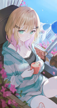 1girl absurdres black_tank_top blob blonde_hair blush breasts cleavage collarbone commentary cup english_commentary gradient_hair green_eyes hair_ornament hairclip highres holding holding_cup indoors iris_black_games jacket kurumi_noah kurumi_noah_(6th_costume) lace_trim leg_tattoo looking_at_viewer medium_breasts medium_hair multicolored_hair nakashima_(pluscolor) pink_hair sidelocks sitting solo striped_clothes striped_jacket tank_top tattoo unworn_eyewear virtual_youtuber vspo! window window_shadow