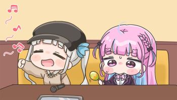 2girls ahoge beamed_sixteenth_notes black_hat blazer blue_hair braid brown_sweater chibi clenched_hand collared_shirt couch crossover eighth_note grey_hair hair_ornament hat holding holding_instrument hololive indoors instrument jacket kagura_gumi kagura_mea karaoke long_hair maracas microphone minato_aqua mochimiko multicolored_hair multiple_crossover multiple_girls musical_note newsboy_cap on_couch outstretched_arm pink_hair purple_jacket school_uniform shirt sweater table twintails two-tone_hair very_long_hair virtual_youtuber white_shirt x_hair_ornament yurie_mouth